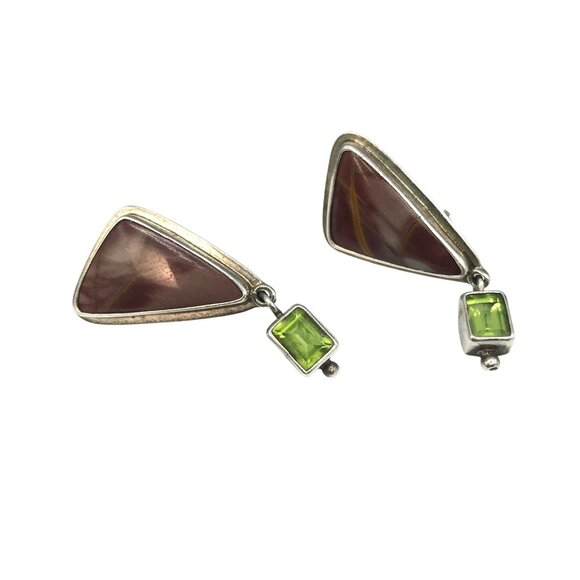 OOAK Obsidian Sterling Stone Earrings with Peridot Dangle, Vintage Mauve Natural - Picture 5 of 6